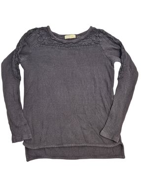Black Swan Dark Gray Waffle Knit Lace Detail Long Sleeve Top